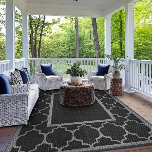 6'x9' Outdoor Rugs Patio Waterproof Outside Mat Reversible Plastic Camping Carpet,Black & Grey