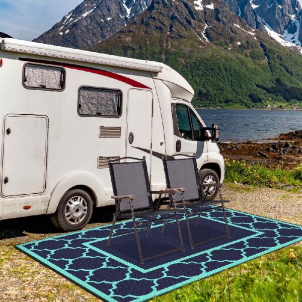 Outdoor Rugs Waterproof Plastic Straw Mat 6'x9' Reversible Patio Deck Beach Blue & White