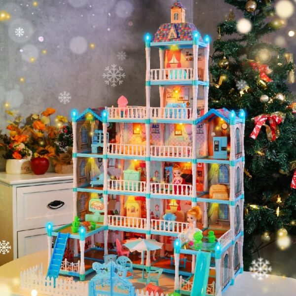 Doll House for Girls, 5-Story 19 Rooms Huge Dollhouse Playset with LED Lights, 2 Dolls, Furnitures, Accessories, DIY Pretend Play House Toys Gifts for Kids, Pink