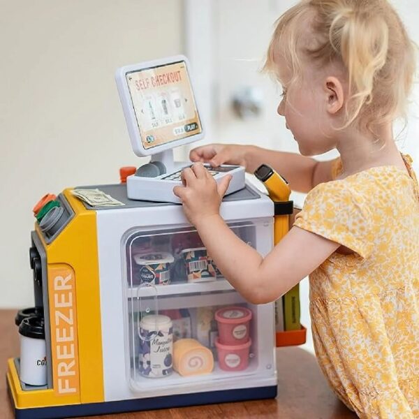 46PCS Upgraded Cash Register Playset for Kids, Cashier Register Toy, Kids Pretend Play Cash Register Toys with Scanner, Shopping Cart, Calculator, Play Food, Toys for Girls 3 6 Years-Green