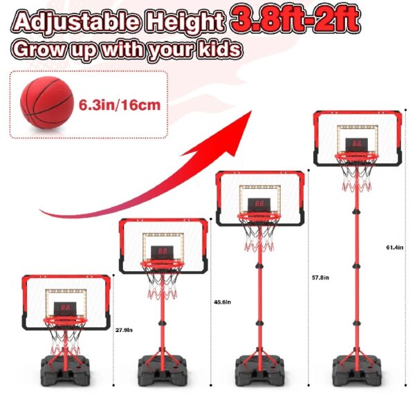 2-in-1 Kid Basketball Hoop with LED Lights & Scoreboard & 3 Balls, Toddler Basketball Hoop Adjustable Height 5.1ft-6.2ft, Basketball Toy Gifts for Boys & Girls