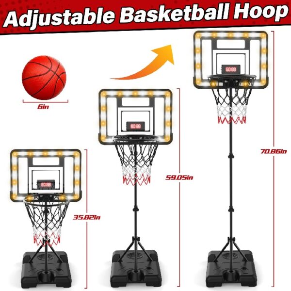 2-in-1 Kid Basketball Hoop with LED Lights & Scoreboard & 3 Balls, Toddler Basketball Hoop Adjustable Height 5.1ft-6.2ft, Basketball Toy Gifts for Boys & Girls