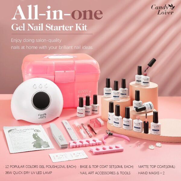 Candy Lover Gel Nail Polish Kit with UV LED Lamp, 12 Colors Cute Lady Gel Polish Starter Kit, All-in-One Quick Dry Soak Off Nail Gel Manicure Kit with DIY Tools Valentine Gift for Women