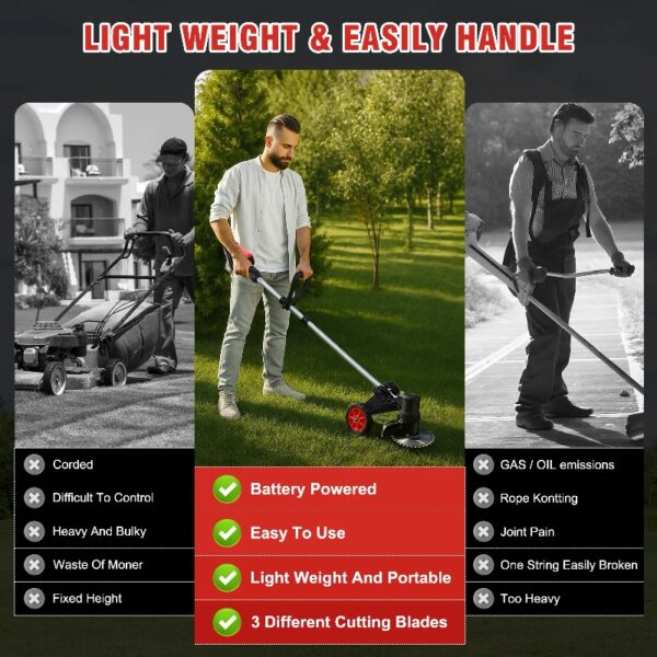 24V Black Electric Weed Eater Lawn Edger Cordless Grass String Trimmer Cutter + 2 Batteries & 3 Types Blades