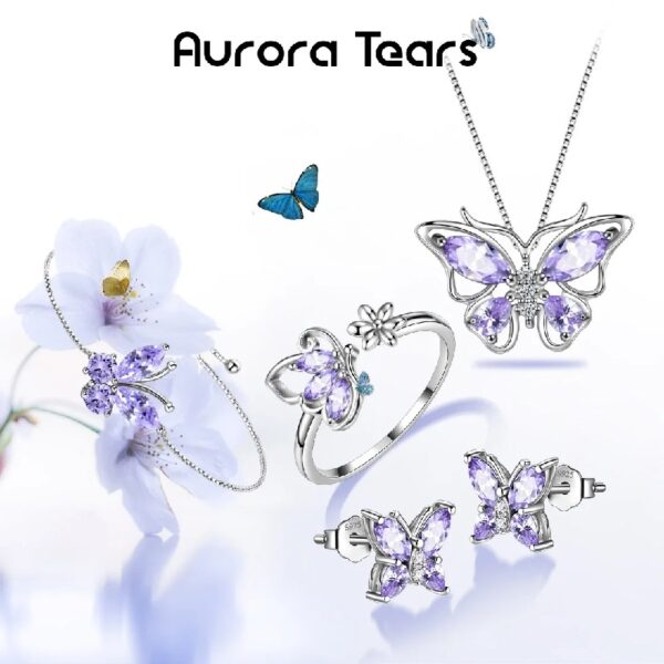 Purple Butterfly Jewelry Amethyst February Birthstone Jewelry Set Fine Necklace/Earrings 925 Sterling Silver Women Birthday Mother's Day Gifts