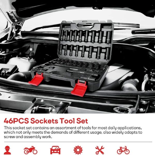 Mechanic Tool Kit, Drive Socket Set, 46 Pieces, with 72 Teeth Reversible Ratchet, Metric/SAE