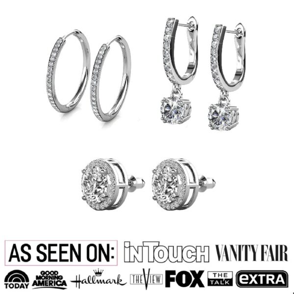 Cate & Chloe Pack of 3 - Bianca, Ariel & McKenzie 18k White Gold Plated Earrings with Swarovski Crystals for Women