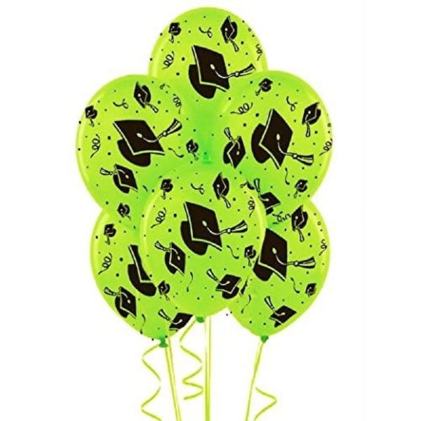 PMU Graduation Balloons 11 Inch PartyTex Premium Emerald Green with All-Over Print White Grad Caps-Confetti and Streamers Pkg/100