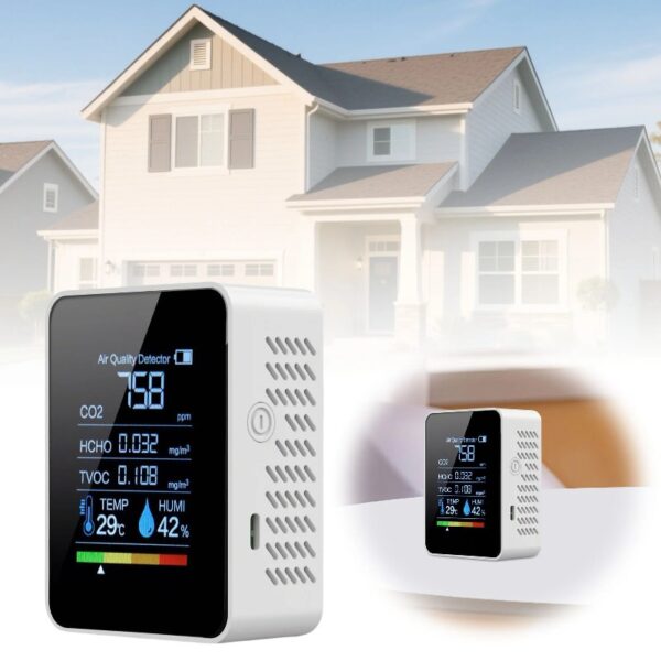 Prefessionall Indoor Air Quality Monitor, 5 in 1 Portable Smartair Quality Tester for CO2,TVOC,HCHO,Temp | Hum for Home Cars and Pets(Whiteï¼‰
