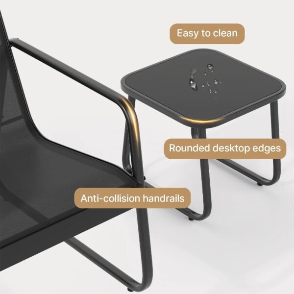 3-Piece Outdoor Bistro Set, Black Metal Frame Glass Top Table and 2 Chairs for Patio, Balcony, Deck - Black