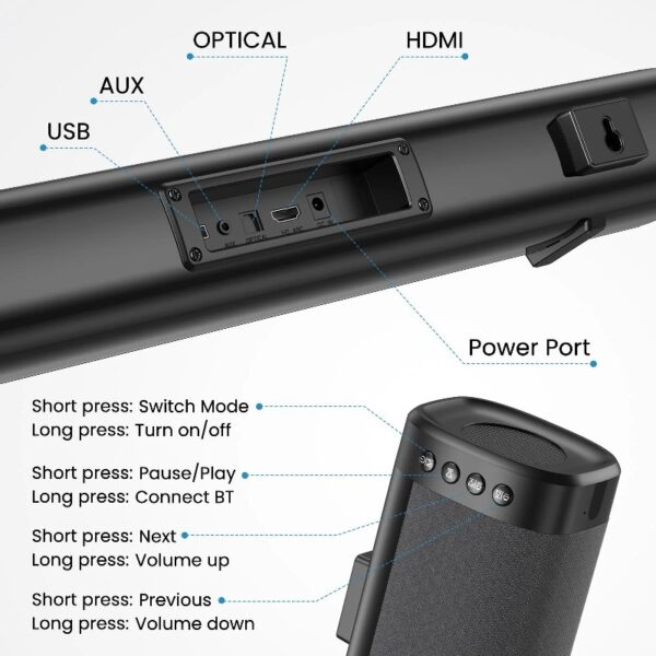 Sound Bar for TV, Soundbar with Subwoofer, Wired & Wireless Bluetooth 5.0 3D Surround Speakers, Optical/AUX/RCA/USB Connection, Wall Mountable, Remote Control