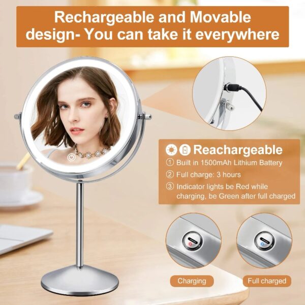 Funtouch Double-Sided Lighted Chrome Makeup Mirror, 10x Magnification, Adjustable Swivel Vanity Mirror