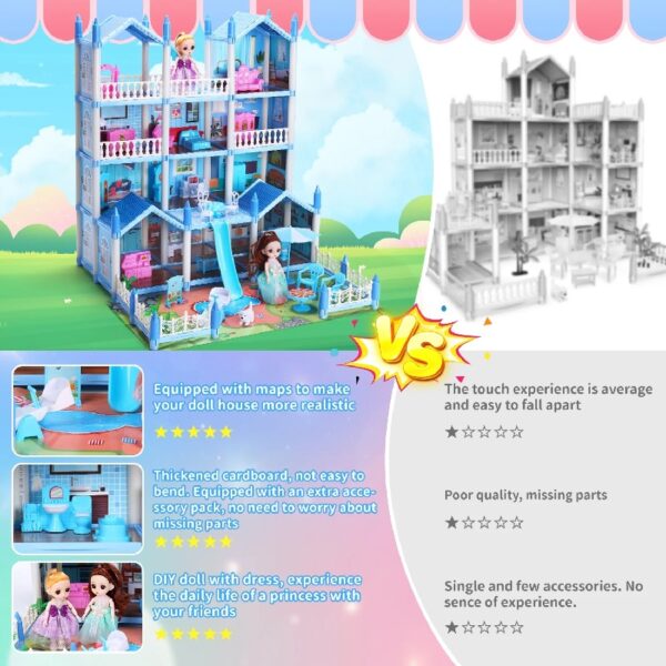Play Dollhouse with Doll Toy Figures, 14 Rooms Furniture and Colorful Lights, Creative Doll House Gift for Girls Ages 3+, Assemble Required, Pink