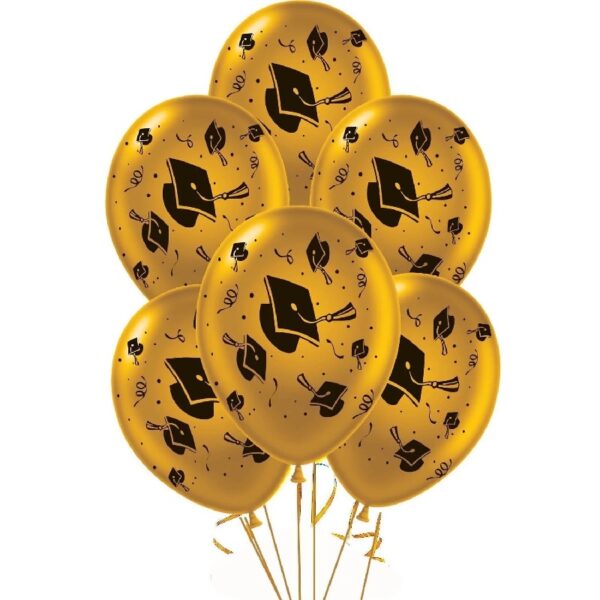 PMU Graduation Balloons 11 Inch PartyTex Premium Emerald Green with All-Over Print White Grad Caps-Confetti and Streamers Pkg/100