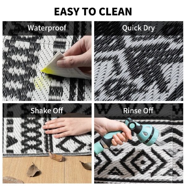 Outdoor Rug 6'x9' Waterproof Reversible Patio Rug Boho Geometric Indoor Outdoor Rugs Lightweight Plastic Straw Ourdoor Carpet for RV Camping Deck Balcony Modern Porch Decor Black and White