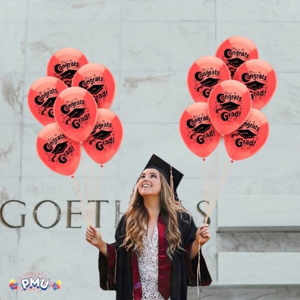 PMU Graduation Balloons 11 Inch PartyTex Premium Emerald Green with All-Over Print White Grad Caps-Confetti and Streamers Pkg/100