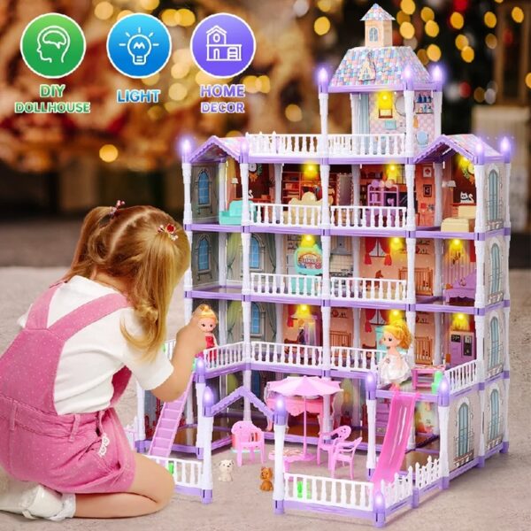 Doll House for Girls, 5-Story 19 Rooms Huge Dollhouse Playset with LED Lights, 2 Dolls, Furnitures, Accessories, DIY Pretend Play House Toys Gifts for Kids, Pink