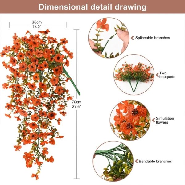 4PCS Artificial Flowers outdoor Spring Summer Decor Fake Hanging Plants UV Resistant Faux Plastic Greenery Hanging Flowers for Outside Gardens Porch Wall Home Indoor,ORANGE&YELLOW