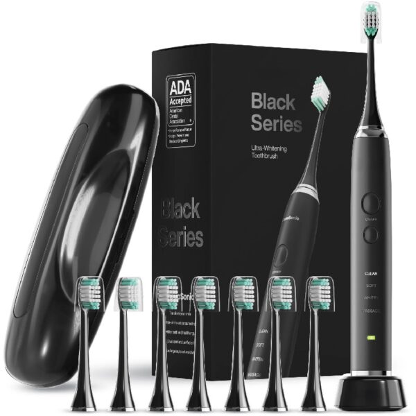 Black Series Electric Toothbrush - Rechargeable, 4 Modes, Travel Case, 8 Brush Heads