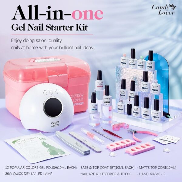 Candy Lover Gel Nail Polish Kit with UV LED Lamp, 12 Colors Cute Lady Gel Polish Starter Kit, All-in-One Quick Dry Soak Off Nail Gel Manicure Kit with DIY Tools Valentine Gift for Women