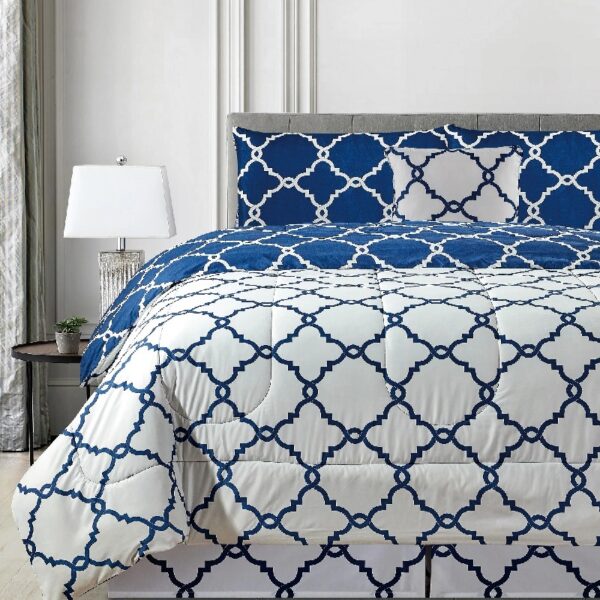 Lux Decor Collection 5 Piece Queen Down Alternative Comforter Set, Washable Duvet Bedding Set - Quatrefoil Navy