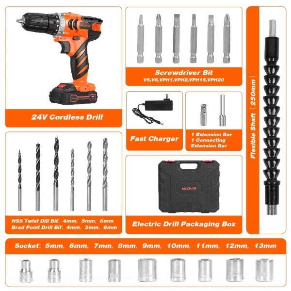 24V Cordless Drill-Brushless Power Drill Set, 3/8