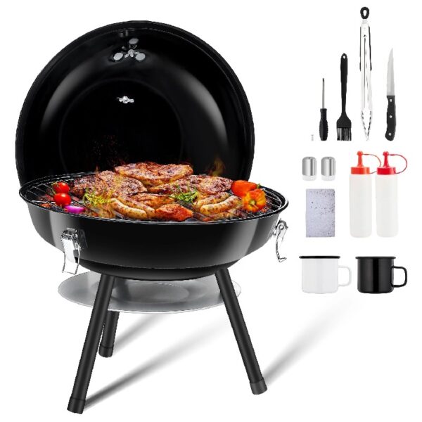 14 inch Portable Charcoal Grill, Lightweight Enamel Coated Coal Kettle Smoker with 3-Point Locking Lid 2 Grilling Racks Dual Venting System, Tabletop Barbecue Oven for Outdoo