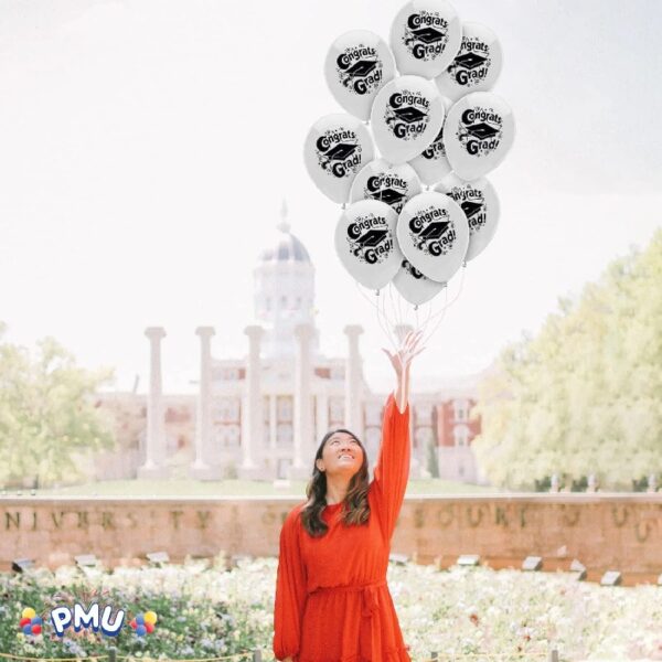 PMU Graduation Balloons 11 Inch PartyTex Premium Emerald Green with All-Over Print White Grad Caps-Confetti and Streamers Pkg/100