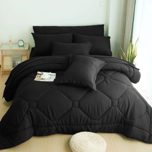 8 PCS Modern Comforter Set with Sheets All Season Bed in a Bag, Black, Queen Size