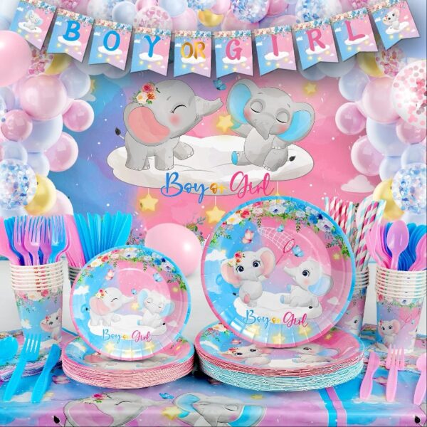 327Pcs Gender Reveal Party Supplies, Baby Shower Decorations Serves 25 Guests, Boy or Girl Elephant Gender Reveal Ideas with Tableware, 120pcs Balloons, Backdrop