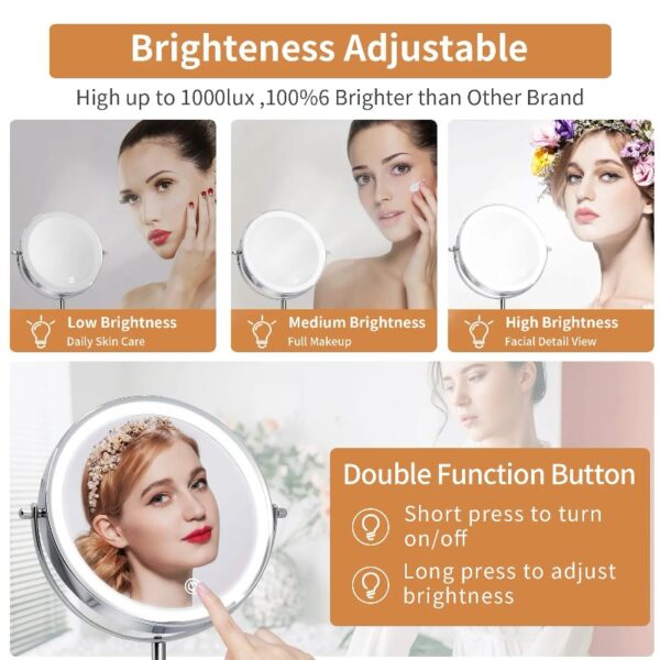Funtouch Double-Sided Lighted Chrome Makeup Mirror, 10x Magnification, Adjustable Swivel Vanity Mirror