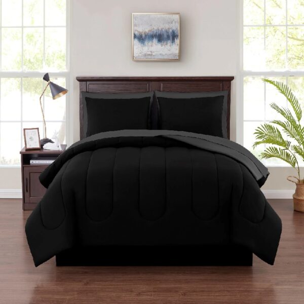 7 Piece Reversible Bed in a Bag Comforter Set with Sheets, Black, Queen