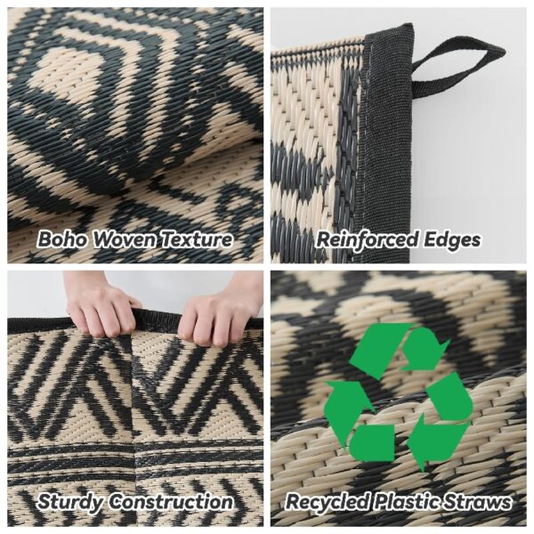 Outdoor Rug 6'x9' Waterproof Reversible Patio Rug Boho Geometric Indoor Outdoor Rugs Lightweight Plastic Straw Ourdoor Carpet for RV Camping Deck Balcony Modern Porch Decor Black and White