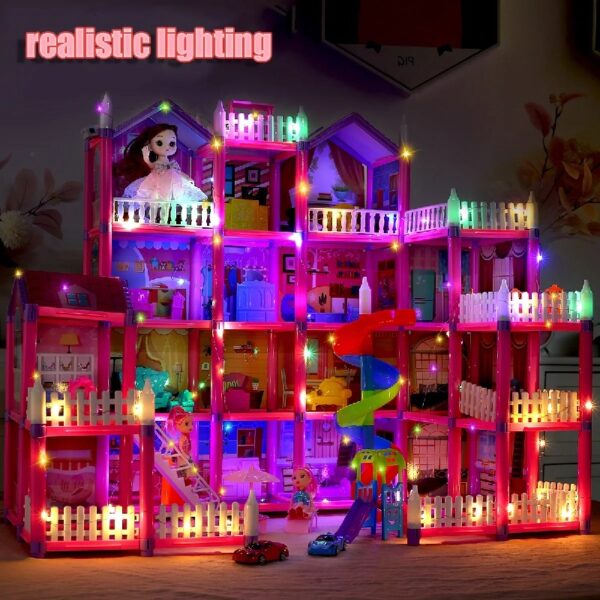 DollHouse with Colorful Light, Pretend Play Toddler Doll House Furniture Sets with 3 Dolls, 9 Rooms DIY , Creative Gift for Girls