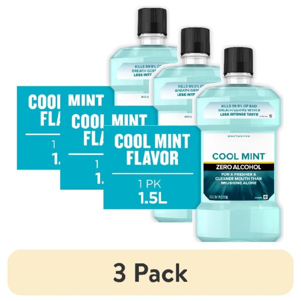 (3 pack) Zero Alcohol-Free Mouthwash Oral Care for Bad Breath, Cool Mint, 1.5 L