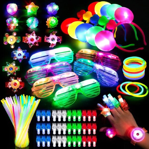 Mocoosy 103Pcs Glow in the Dark Party Supplies Light Up Party Favors LED Neon Toys Bulk for Kids With 50 Glow Sticks, 30 Finger Lights, 6 Led Glasses, 6 Jelly Rings, 6 Light Up Bracelets, 5 Headbands