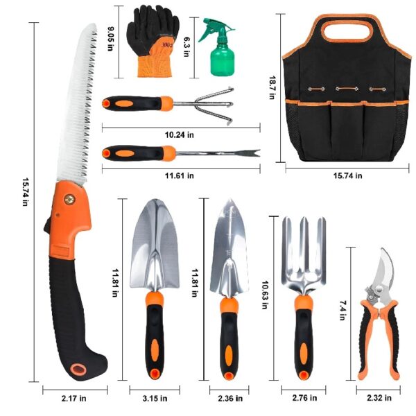 Garden Tool Set, Stainless Steel Heavy Duty Gardening Tool Set, with Non-Slip Rubber Grip, Storage Tote Bag, Outdoor Hand Tools, Ideal Garden Tool Kit Gifts
