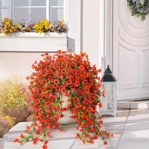 4PCS Artificial Flowers outdoor Spring Summer Decor Fake Hanging Plants UV Resistant Faux Plastic Greenery Hanging Flowers for Outside Gardens Porch Wall Home Indoor,ORANGE&YELLOW
