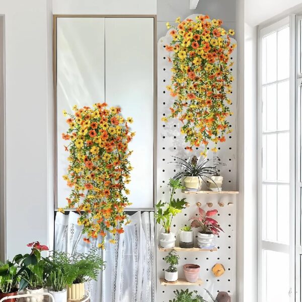4PCS Artificial Flowers outdoor Spring Summer Decor Fake Hanging Plants UV Resistant Faux Plastic Greenery Hanging Flowers for Outside Gardens Porch Wall Home Indoor,ORANGE&YELLOW