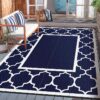 Outdoor Rugs Waterproof Plastic Straw Mat 6'x9' Reversible Patio Deck Beach Blue & White