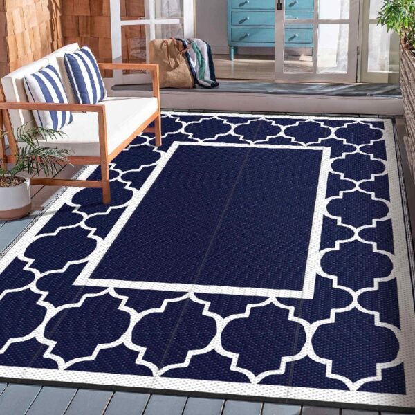 Outdoor Rugs Waterproof Plastic Straw Mat 6'x9' Reversible Patio Deck Beach Blue & White