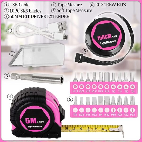 41-Piece Pink Tool Kit for Women - Lady’s Tool Set with Rechargeable 3.6V Electric Screwdriver & Wide-Access Tool Bag, Ideal for Home DIY and Daily Maintenance