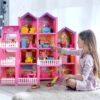 DollHouse with Colorful Light, Pretend Play Toddler Doll House Furniture Sets with 3 Dolls, 9 Rooms DIY , Creative Gift for Girls