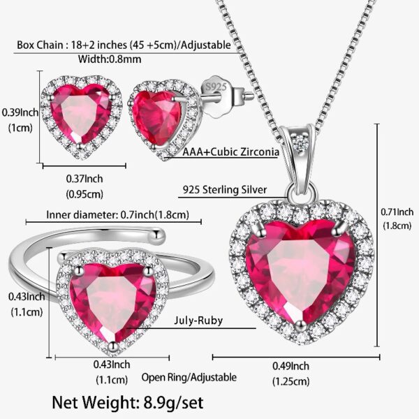 Women Heart Jewelry Set Necklace Earrings Ring 925 Sterling Silver February Birthstone Amethyst Wife Mother Birthday Valentine's Day Gift