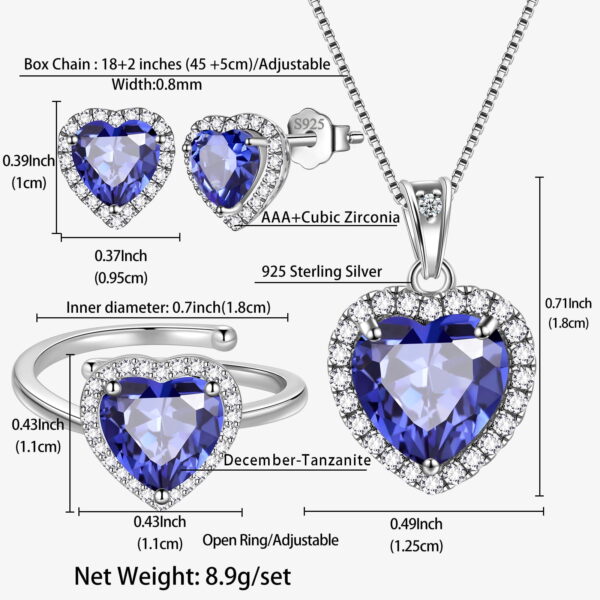 Women Heart Jewelry Set Necklace Earrings Ring 925 Sterling Silver February Birthstone Amethyst Wife Mother Birthday Valentine's Day Gift