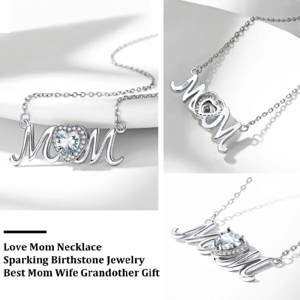 Bestyle S925 Sterling Silver Necklace for Mom Grandma Shiny CZ Heart Pendant Necklace March Created Aquamarine Birthstone Jewelry Mother's Day Gift