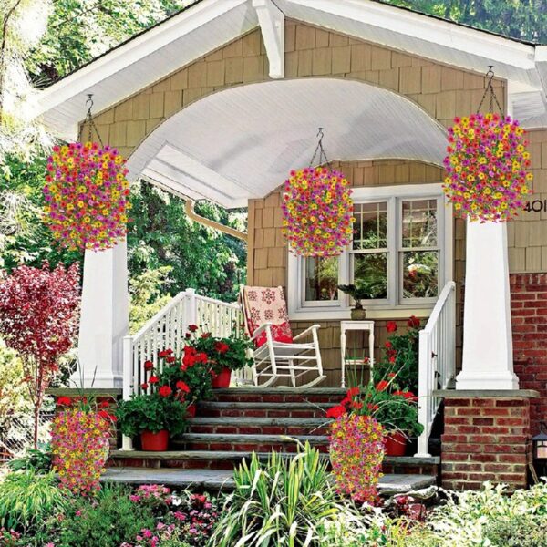 4PCS Artificial Flowers outdoor Spring Summer Decor Fake Hanging Plants UV Resistant Faux Plastic Greenery Hanging Flowers for Outside Gardens Porch Wall Home Indoor,ORANGE&YELLOW