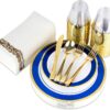 Blue and Gold Rim Plastic Dinnerware (200-Piece) Plastic Plates, Cutlery, Cups and Napkins - Service for 25 Guests Place Setting for Wedding, Party, Shower, Birthday, Holiday