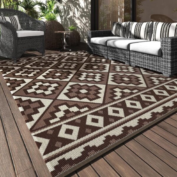 Outdoor Rug 5'x8' Waterproof Reversible Patio Rug Modern Lightweight Plastic Straw Indoor Outdoor Rug for RV Camping Deck Balcony Porch Boho Patio Decor Outdoor Carpet Brown and Beige