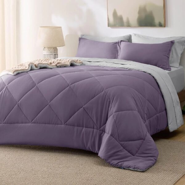 Light Purple Queen Comforter Set - 7 Pieces Reversible Queen Bed in a Bag, Queen Bed Set Light Purple and Grey with Comforters, Sheets, Pillowcases & Shams